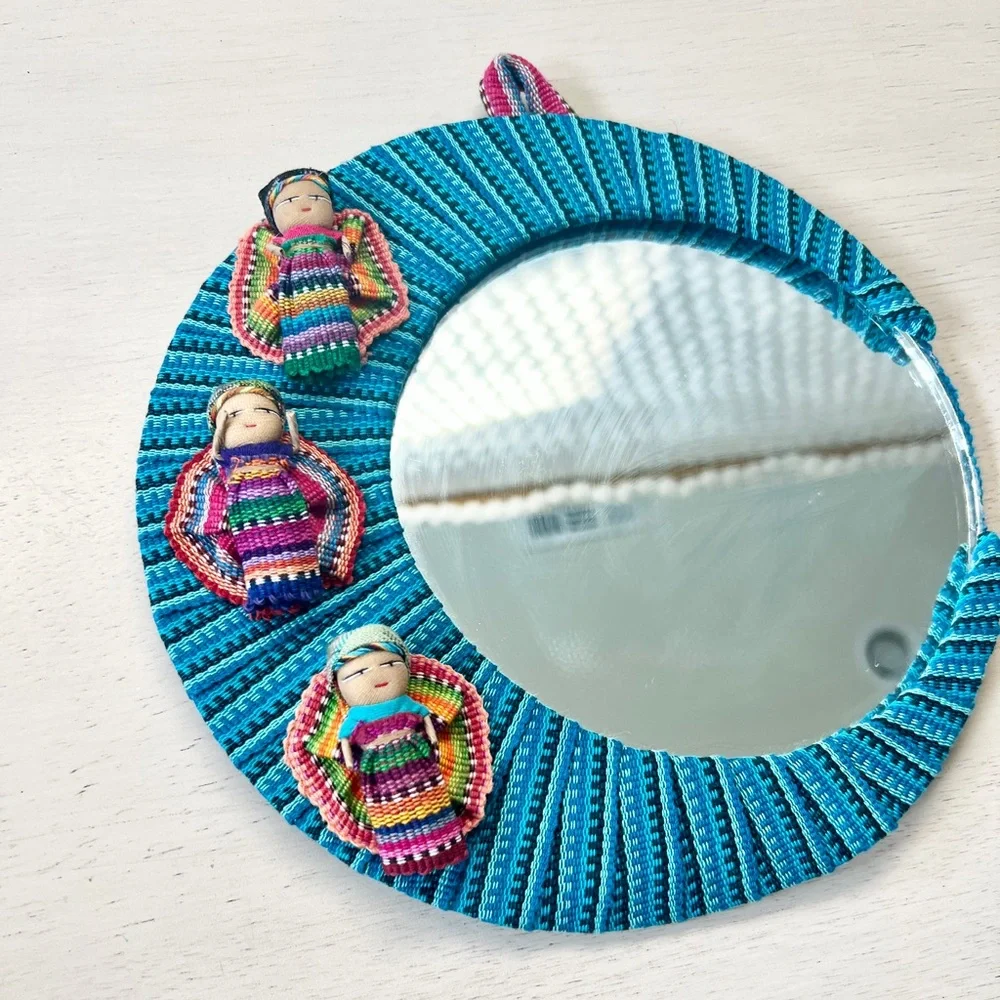 Vintage Hand Made Worry Dolls Guatemalan 90s Folk Art Old World Charm Mirror